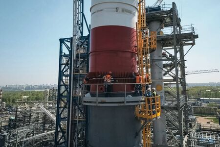 Moscow, Russia - May 17, 2018: Construction of a petrochemical plant, installation of technological equipmentの写真素材