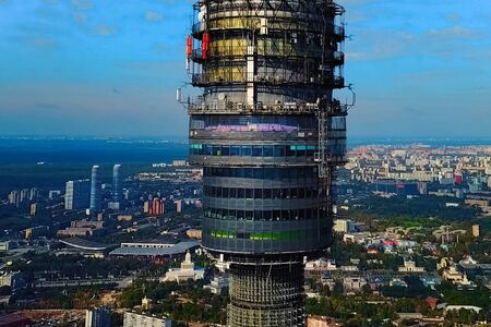 Ostankino television tower. A bird's-eye view of the TV tower and its surroundings.