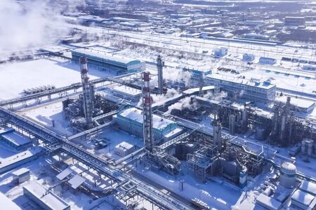 top view of the oil refinery and petrochemical plant in winter.の写真素材