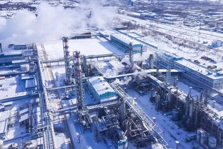 top view of the oil refinery and petrochemical plant in winter.の写真素材