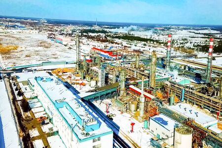 top view of the oil refinery and petrochemical plant in winter.の写真素材