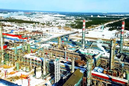 top view of the oil refinery and petrochemical plant in winter.の写真素材