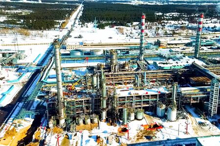 top view of the oil refinery and petrochemical plant in winter.の写真素材