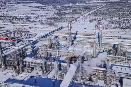 top view of the oil refinery and petrochemical plant in winter.の写真素材
