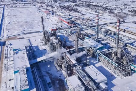 top view of the oil refinery and petrochemical plant in winter.の写真素材