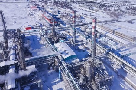 top view of the oil refinery and petrochemical plant in winter.の写真素材
