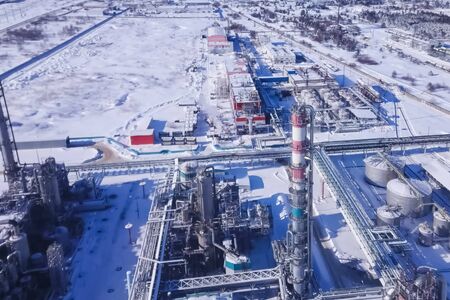 top view of the oil refinery and petrochemical plant in winter.の写真素材