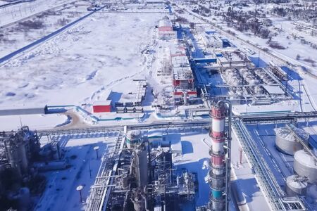 top view of the oil refinery and petrochemical plant in winter.の写真素材
