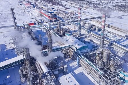 top view of the oil refinery and petrochemical plant in winter.の写真素材