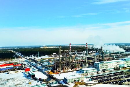 top view of the oil refinery and petrochemical plant in winter.の写真素材