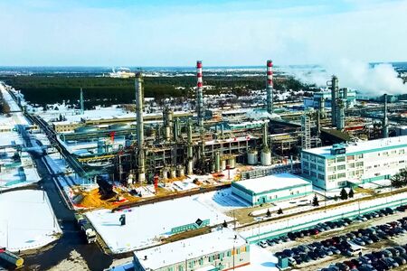 top view of the oil refinery and petrochemical plant in winter.の写真素材