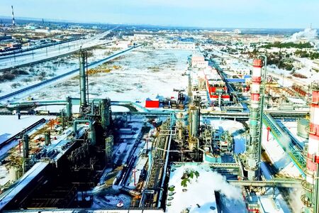 top view of the oil refinery and petrochemical plant in winter.の写真素材