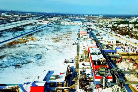 top view of the oil refinery and petrochemical plant in winter.の写真素材