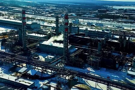 top view of the oil refinery and petrochemical plant in winter.の写真素材