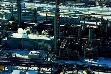 top view of the oil refinery and petrochemical plant in winter.の写真素材