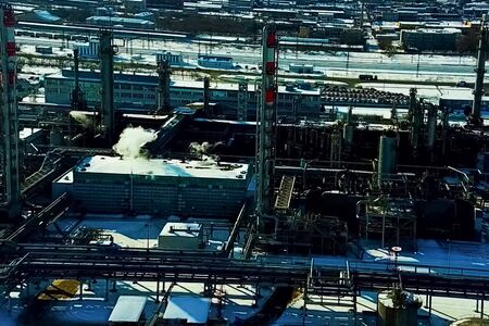 top view of the oil refinery and petrochemical plant in winter.の写真素材