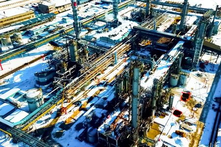 top view of the oil refinery and petrochemical plant in winter.の写真素材
