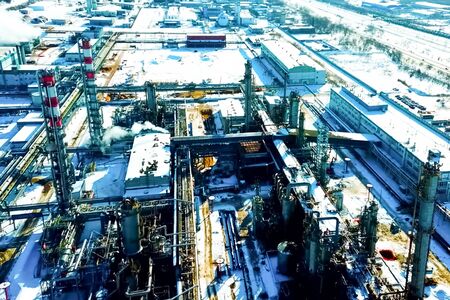 top view of the oil refinery and petrochemical plant in winter.の写真素材