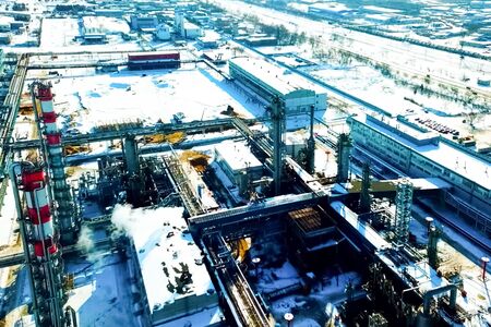 top view of the oil refinery and petrochemical plant in winter.の写真素材