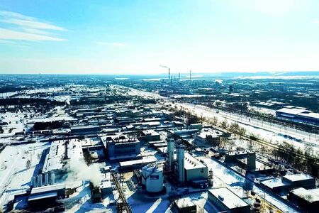 top view of the oil refinery and petrochemical plant in winter.の写真素材