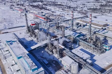 top view of the oil refinery and petrochemical plant in winter.の写真素材