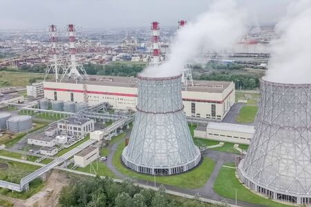 Soaring steam towers of a nuclear power plant.の写真素材