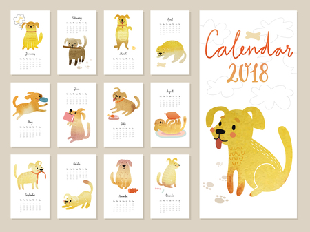 Calendar 2018. Cute monthly calendar with Watercolor dogs. Vector illustration.のイラスト素材