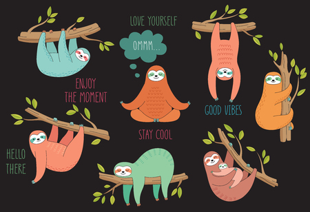 Set of cute hand drawn sloths hanging on the tree. Lazy animal characters. Jungle animal collection. Vector illustration.のイラスト素材
