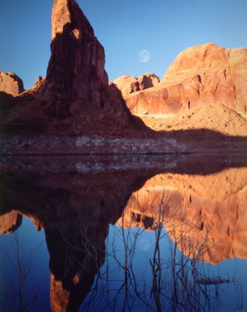 Moonrise reflections across Lake Powell, Page, Arizona.の写真素材