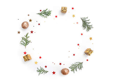 Christmas composition in shape of circle isolated on white background. Top view. Copy space.