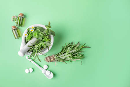 Medicinal herbs in mortar with pestle, organic essential aroma oil in glass bottles and herbal pills on light green background. Top view. Copy space. Herbal medicine concept.の写真素材