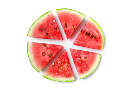 Ripe juicy watermelon pieces isolated on white background. Top view.の写真素材