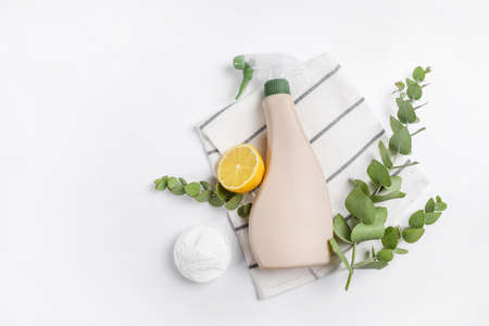 Eco cleaning products isolated on white background. Top viewの写真素材