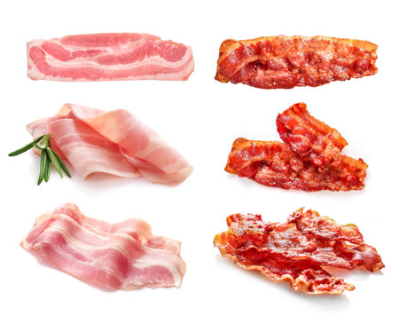 Set of fried crispy bacon slices isolated on white background.の写真素材