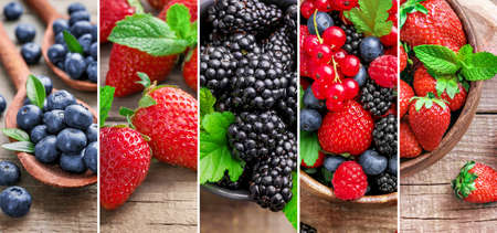 Collage of ripe juicy summer berries. top view. close-upの写真素材