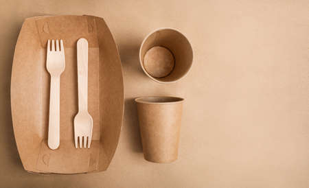 Eco friendly fast food containers on paper bag background.の写真素材