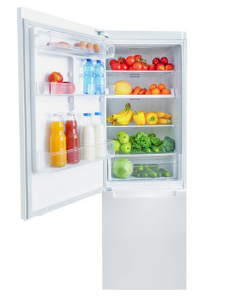 Open white fridge isolated on white background.の写真素材