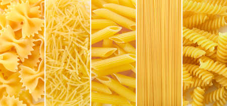 Collage of different assortment of dry italian pasta.の写真素材