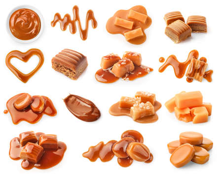Set of caramel candies and caramel sauce isolated on white background. top view.の写真素材