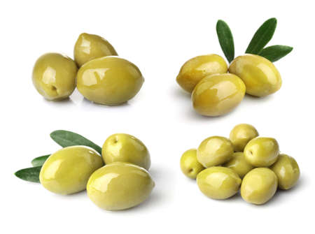 Set of various delicious green olives isolated on white backgroundの写真素材