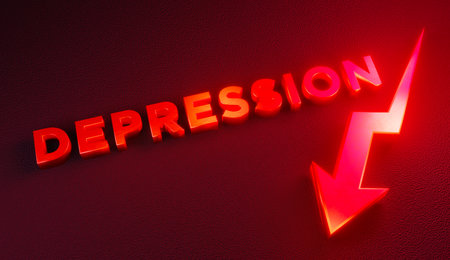 Depression Arrow Down 3D Text Modern Space Age Render Shiny Metallicの写真素材