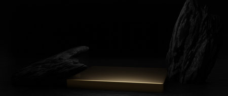 Luxury, elegant background with a gold pedestal and a showcase. Minimal background for product...