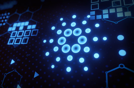 Cardano or ADA coins with technology network neon laser light. Cryptocurrency digital currency...