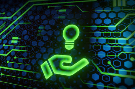 idea light bulb on blockchain technology network hud background. Global cryptocurrency blockchain business banner concept. Lamp symbolize inspiration, innovation, invention, effectiveの写真素材