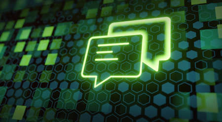 Chat bubble icon with electronics circuit. Blue and gradient background.の写真素材