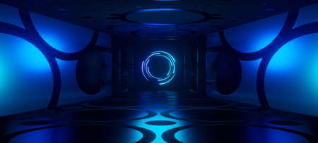 Futuristic Industrial Pedestal Platform Tunnel Space Dystopian Neon Lights with Midnight Blue Colors...