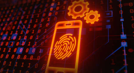 Smartphone with app security icons. Abstract security technology concept. Low polygonal geometric...