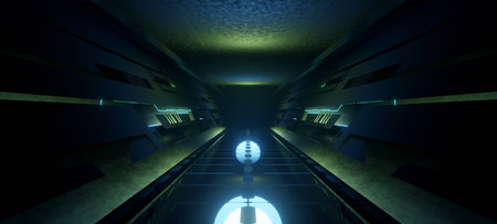 Abstract illuminated empty corridor scene interior design, Future concept. 3D rendering.