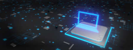 laptop computer with dark technology concept background.