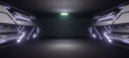 Futuristic empty space corridor with glow light and reflection. Abstract background sci-fi or...